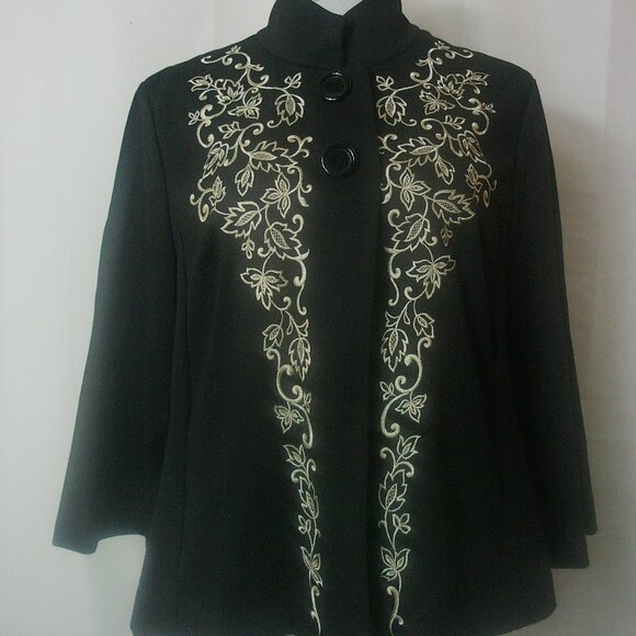 NWTS Coldwater Creek Black Embroidered Jacket – Floral Scroll, Button Front SZ L - Picture 2 of 6